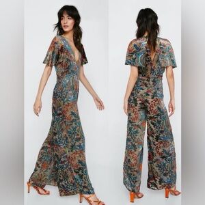 Nasty Gal Paisley Devore Angel Sleeve Jumpsuit